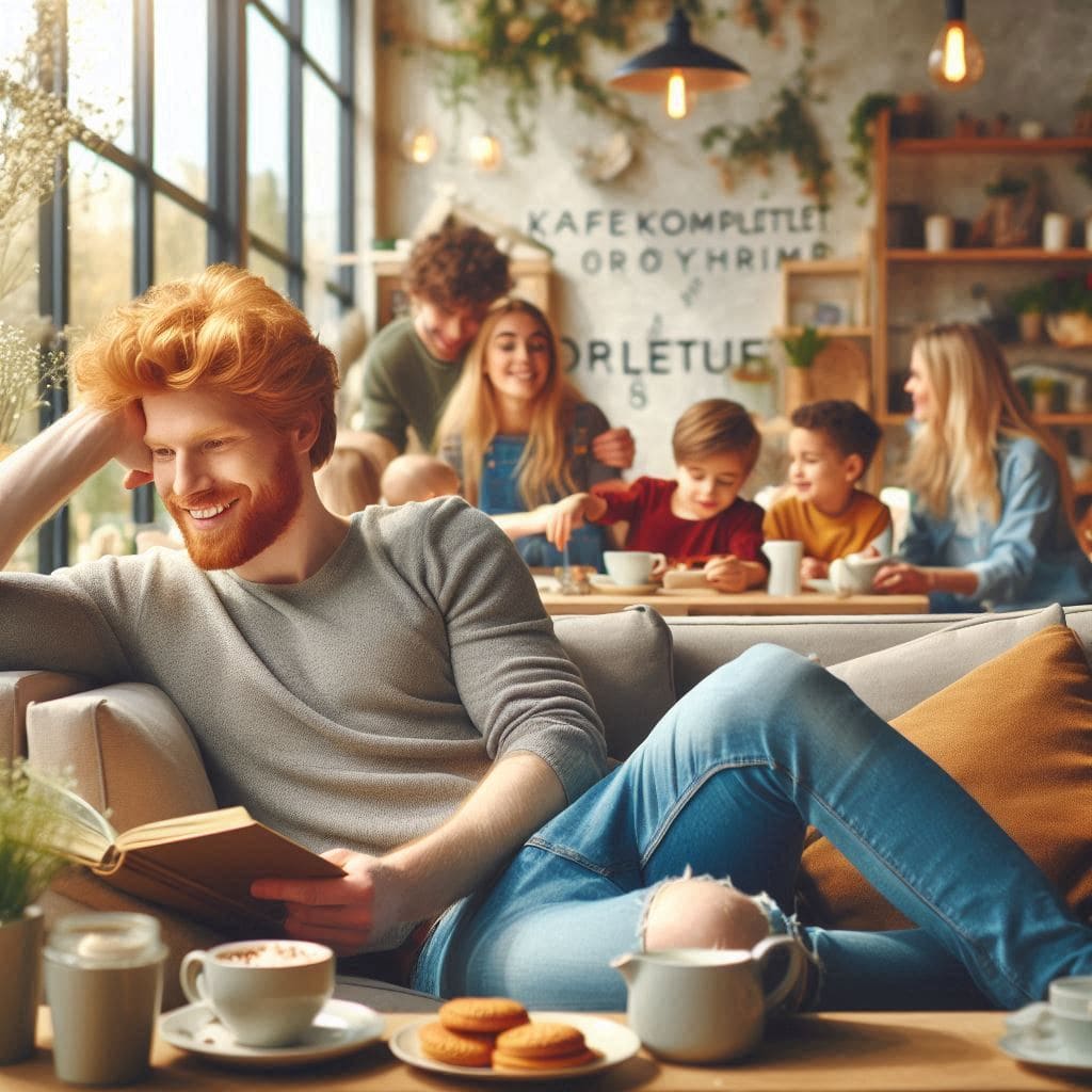 A ginger man laying on a couch reading in a café that gives off a living room vibe, playful families and young people engaged in conversation populate the background. The style is a warm and embracing farmhouse style in spring colors. The wholesome café is called Hyggenygge.