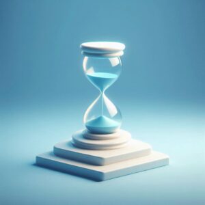 Et timeglas på en simpel piedestal med en tom, solid blå baggrund i en minimalistisk 3D digital kunststil.