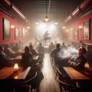 En makrovisning af en jazzklub med minimale transparente tåger af røg i et lokal med røde vægge med borde og stole i solidt træ og patina fra mange års brug..