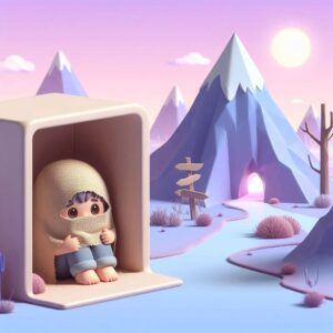Der er et realistisk landskab i baggrunden i pastel lilla, pink og blå farver i 3D-stil. Der er antiklimaks i luften, som kommer ud af ingenting Men der er stadig håb op på bjerget