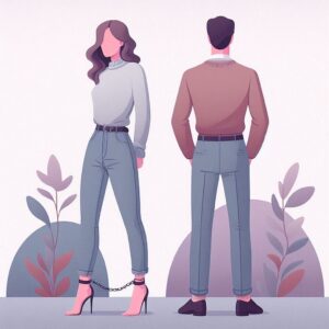 En illustration af en kvinde med fodlænke og lavt selvværd, iført en simpel sweater og jeans, og som står ved siden af ​​en mand måske hendes kæreste klædt nobelt, men casual,