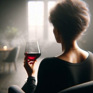 En nærbillede af en midaldrende kvinde set bagfra, hvor hun sidder med et glas rød vin i en meget detaljeret, fotorealistisk stil. Hun er omgivet af en ensom, stilren lejlighed.