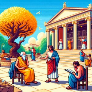 Sokrates er heftig debat med en mand på en solbeskinnet plads i oldtidens Athen , mens Platon er i nærheden og skriver deres samtale ned.